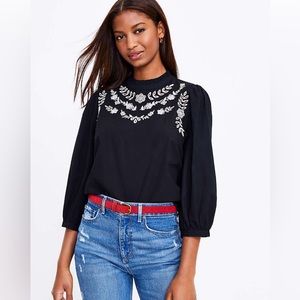 LOFT Eyelet Ruffle Neck Blouse, Black NWT, Size Small